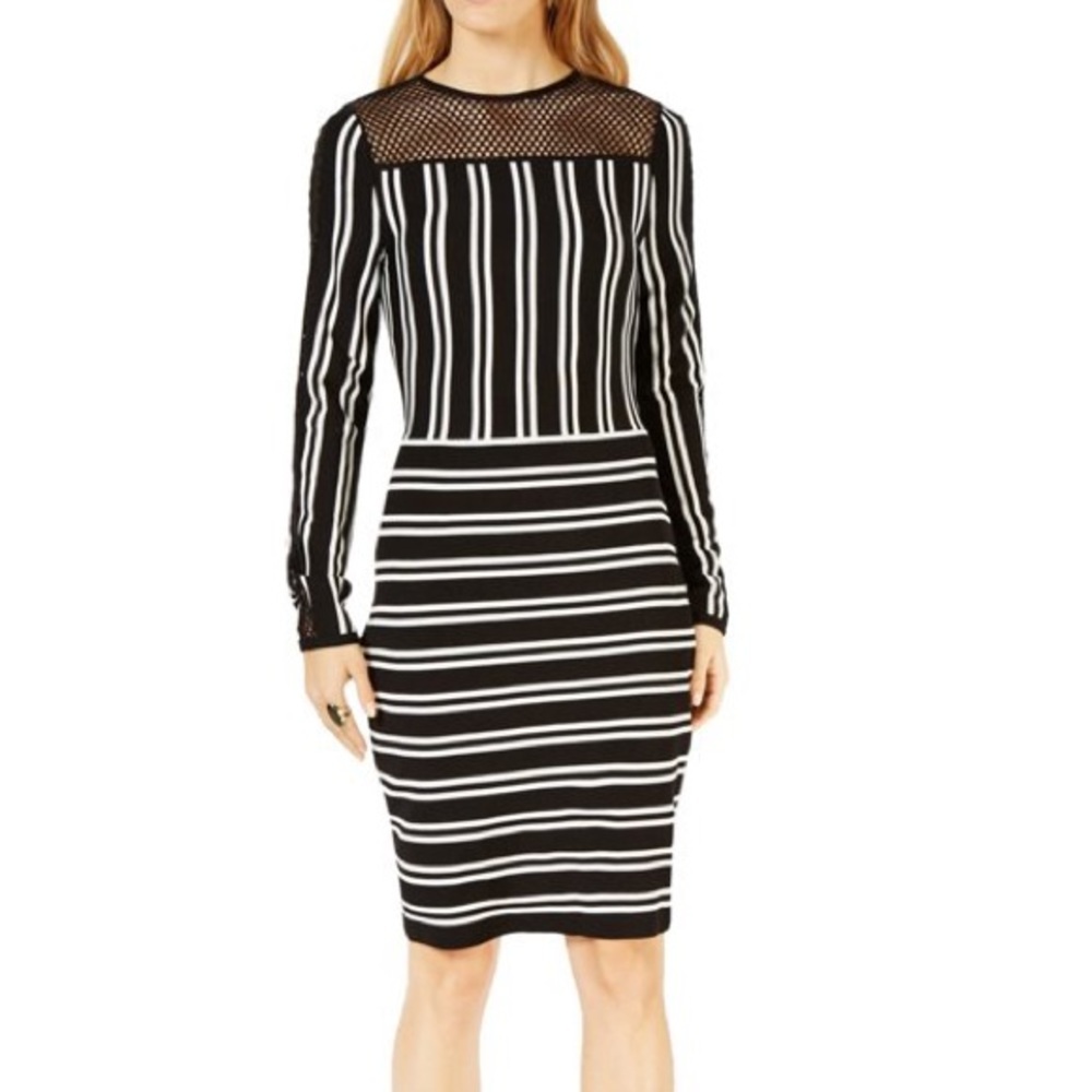 Bar III Black and White Striped Mesh Dress